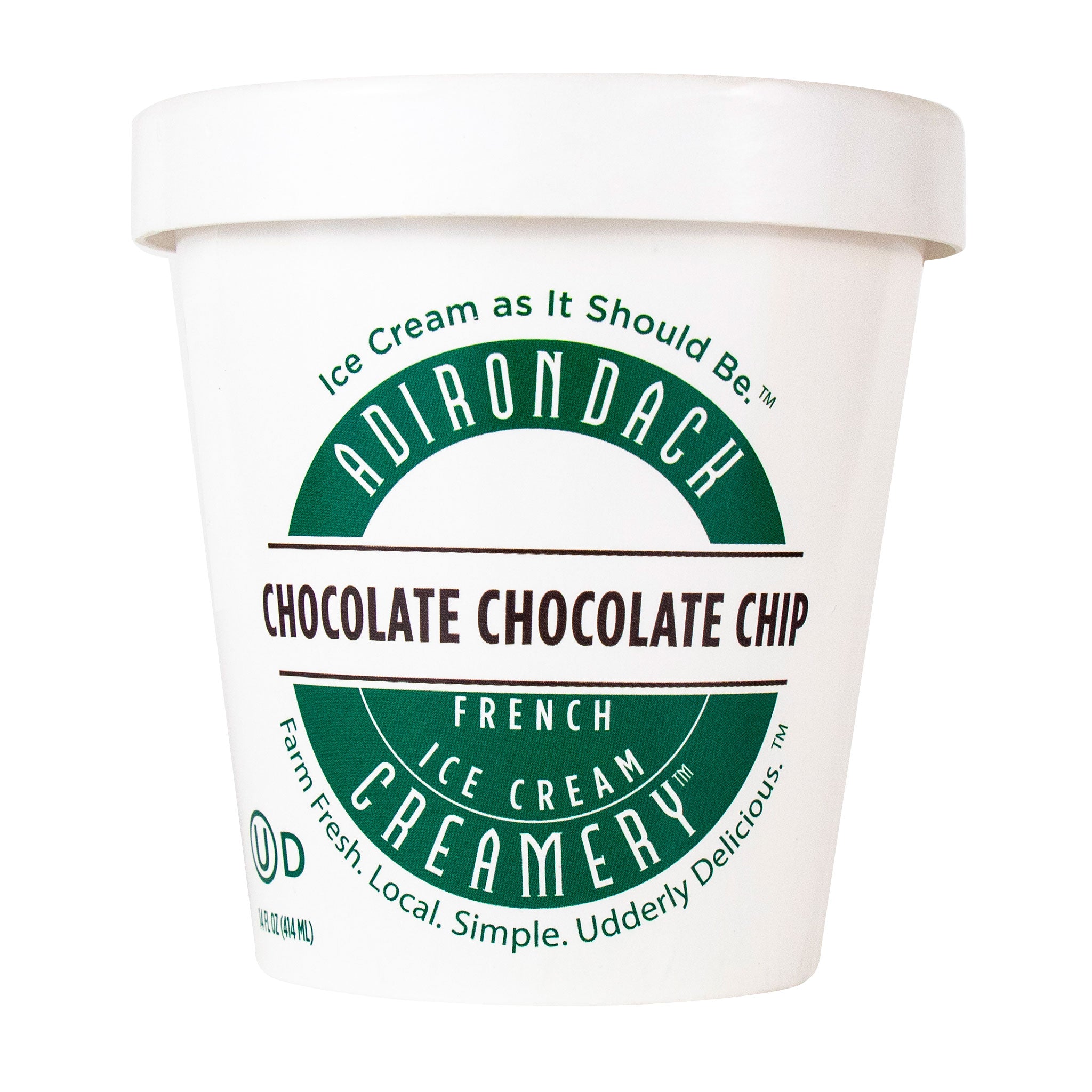Adirondack Chocolate Chocolate Chip ice cream container on a white background