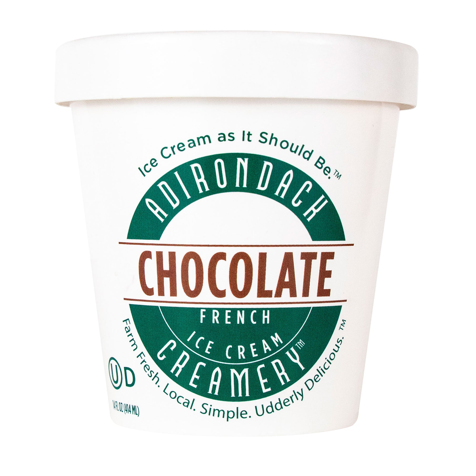 Adirondack French Ice Cream Creamery chocolate ice cream container on a white background