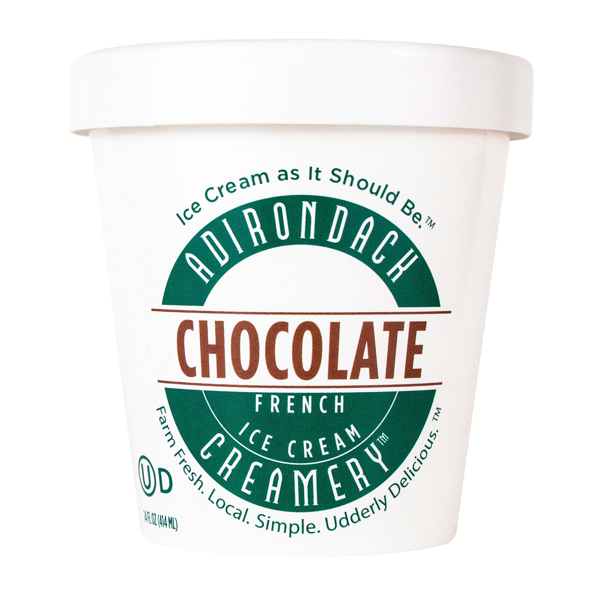 Adirondack French Ice Cream Creamery chocolate ice cream container on a white background