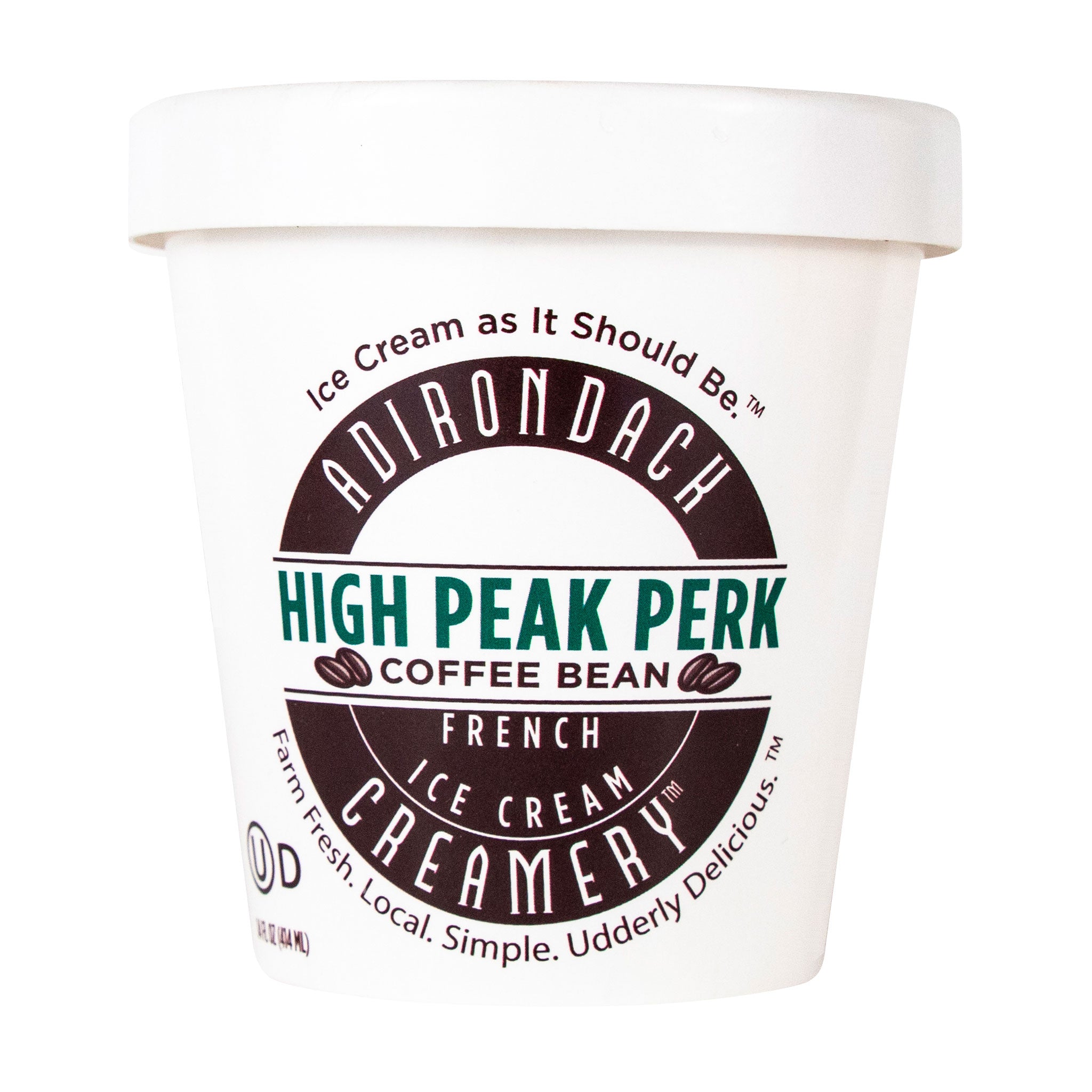 Adirondack High Peak Perk coffee bean ice cream container on a white background