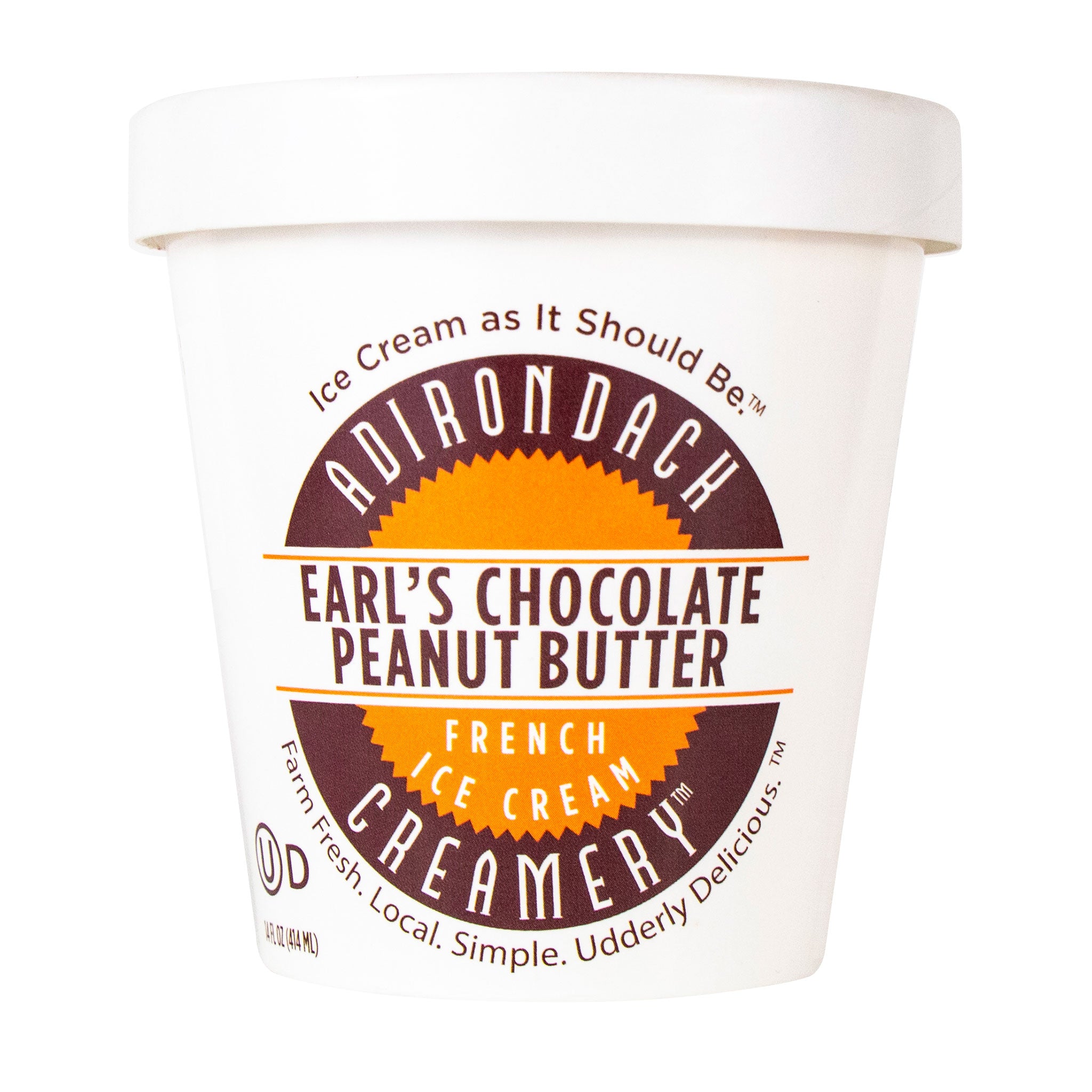 Adirondack Earl's Chocolate Peanut Butter ice cream container on a white background