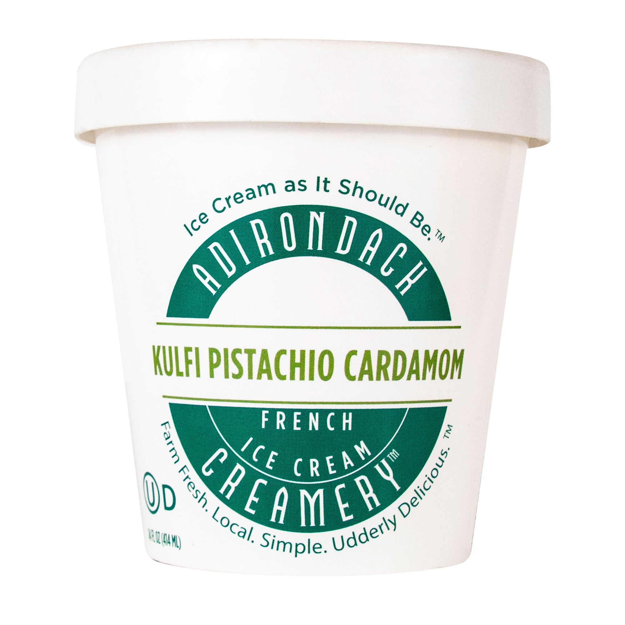 Adirondack Creamery ice cream container with green and white design