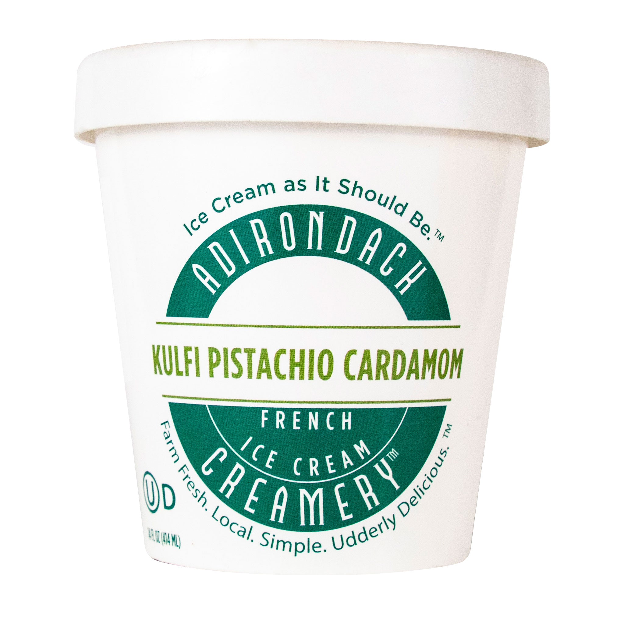 Adirondack Creamery ice cream container with green and white design
