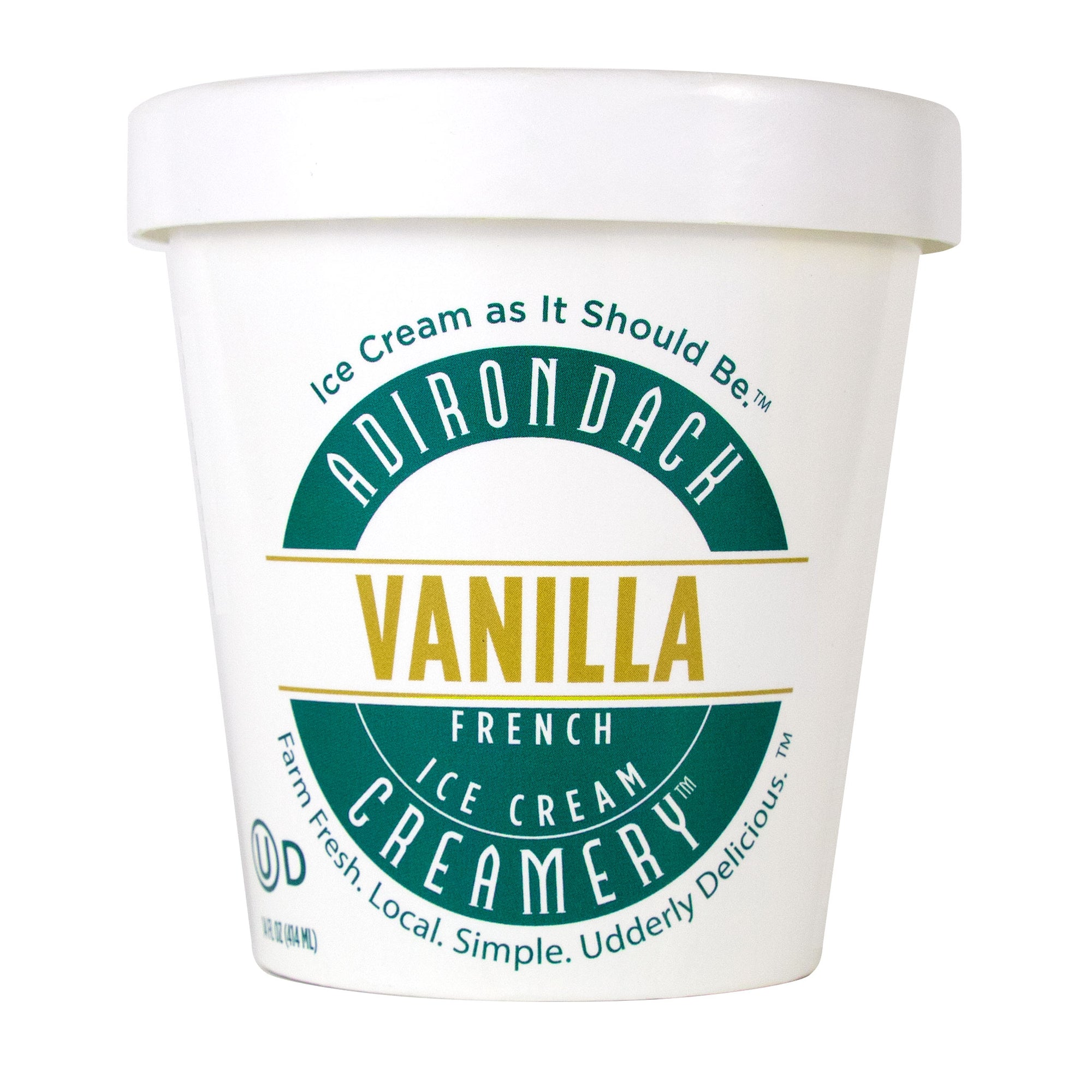 Vanilla ice cream container with Adirondack French Ice Cream Creamery branding on a white background