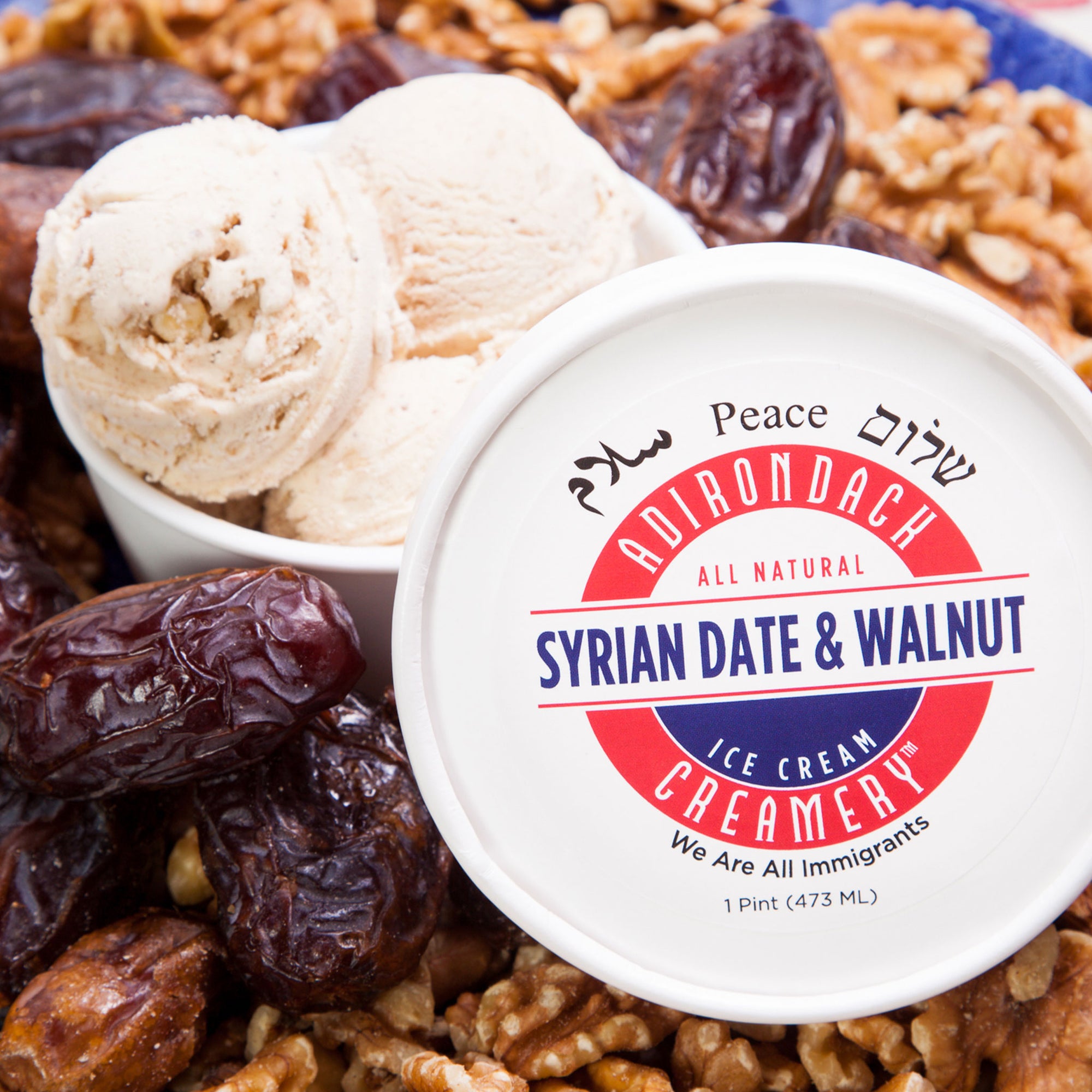Adirondack Syrian Date & Walnut Ice Cream with ice cream and dates on a blue plate