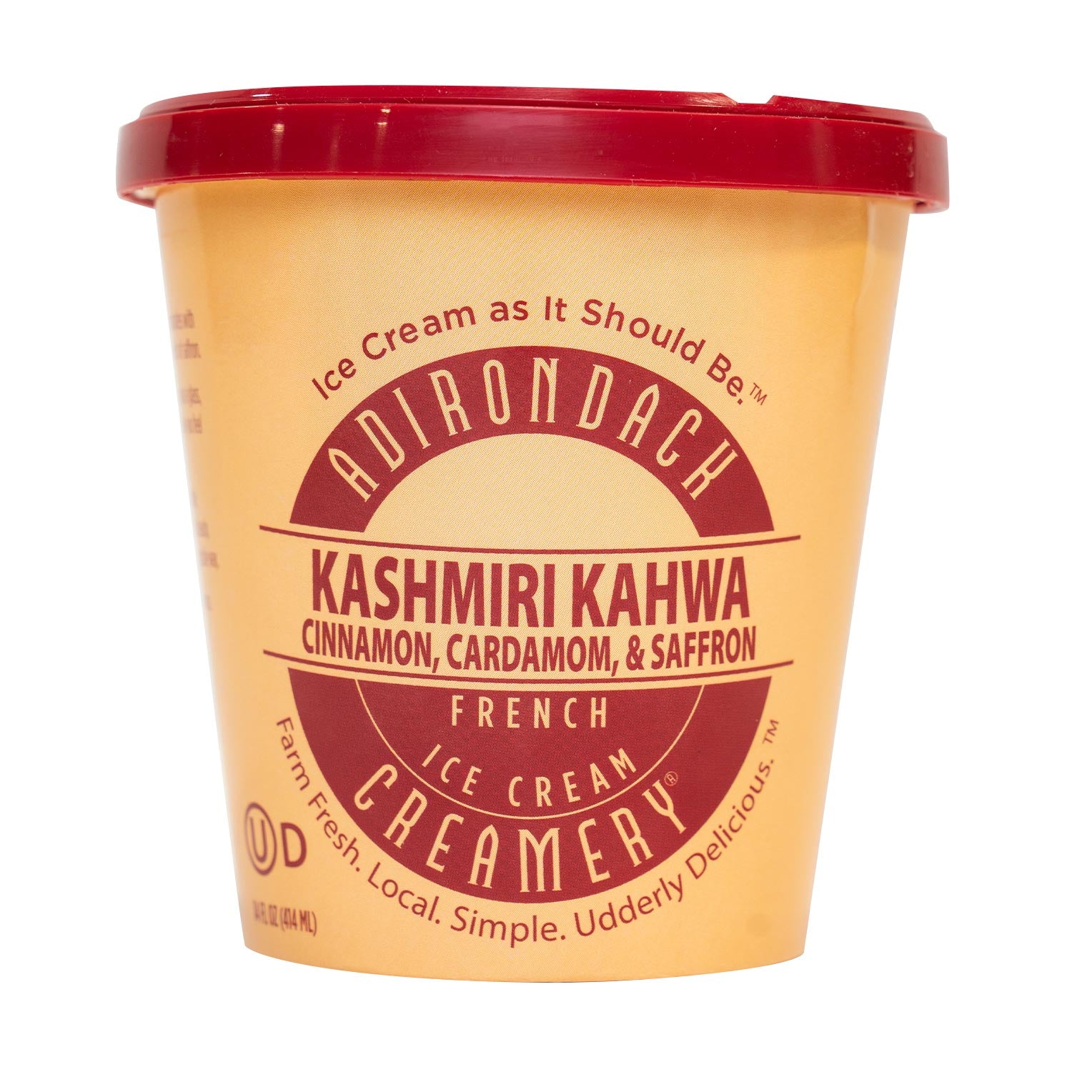 Adirondack Kashmiri Kahwa ice cream container with red lid on a white background