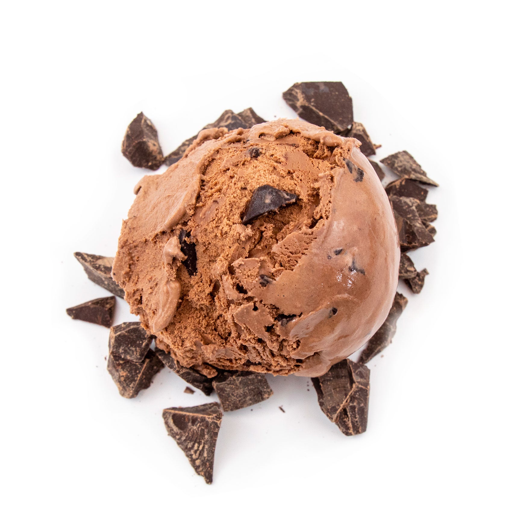 Chocolate chip ice cream scoop surrounded by chocolate pieces on a white background