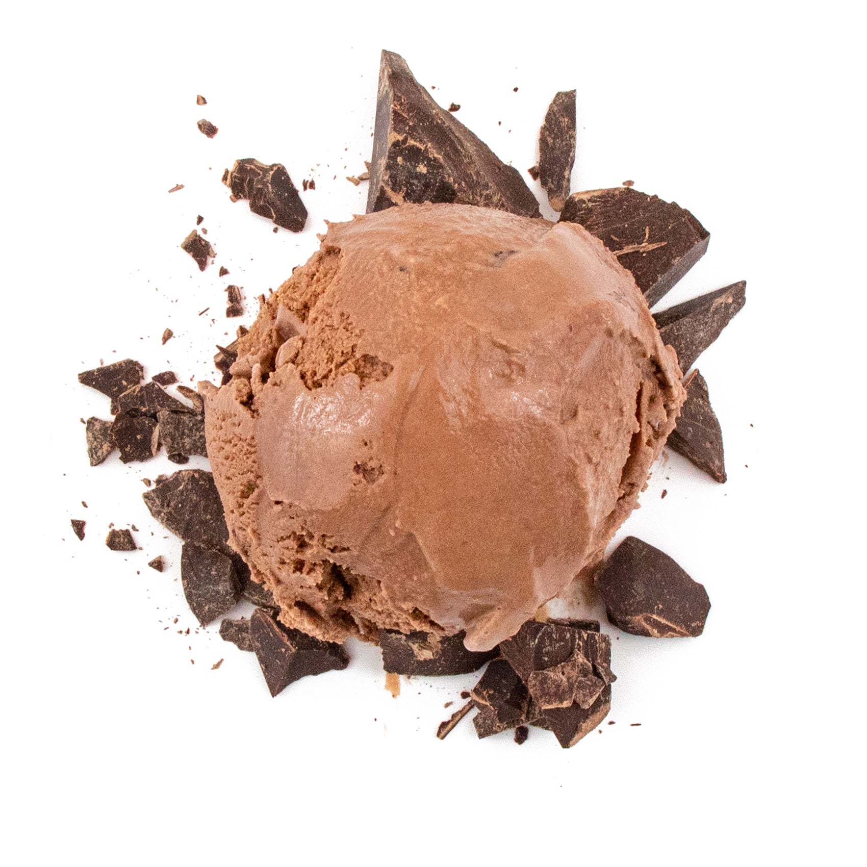 Chocolate ice cream scoop with chocolate pieces on a white background