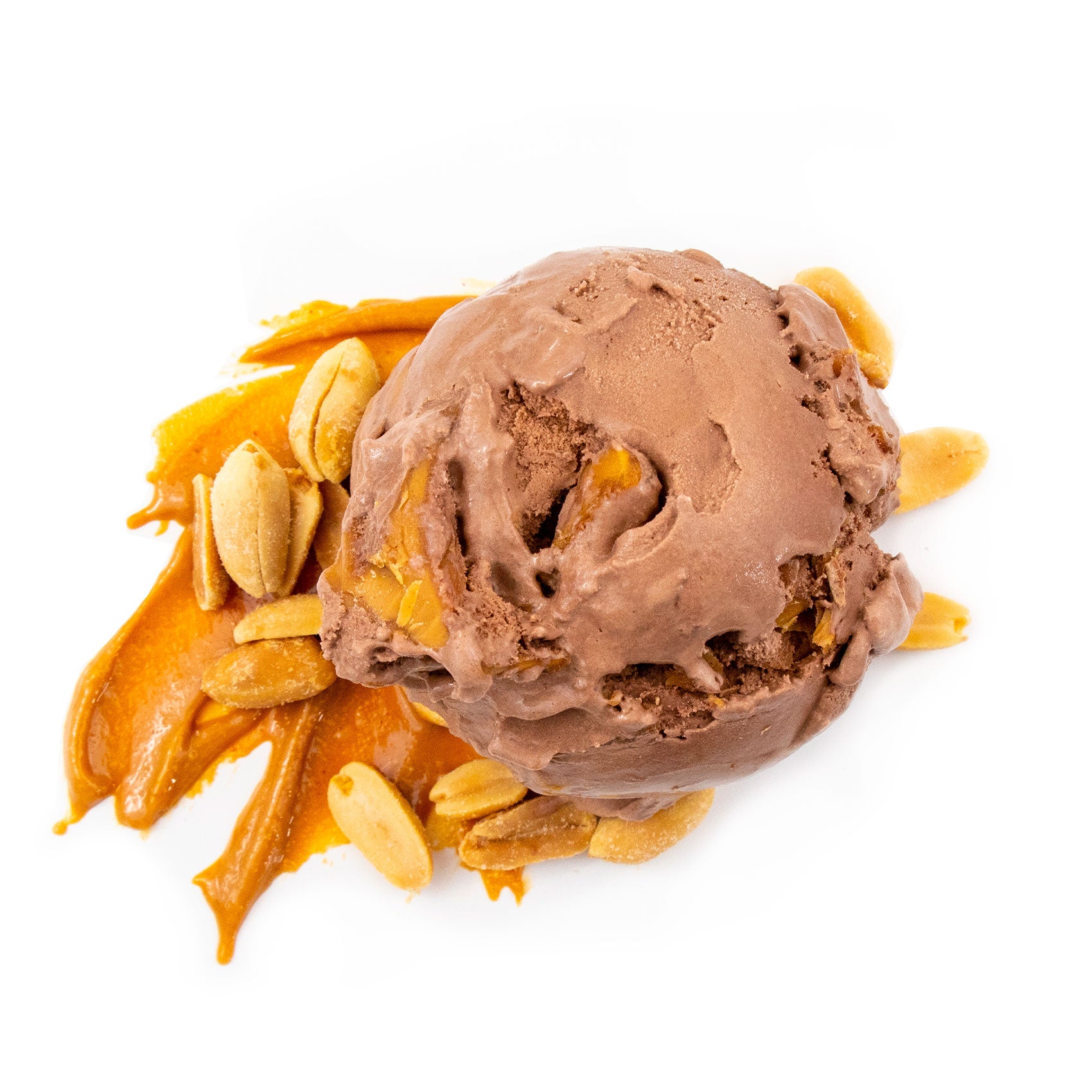 Chocolate ice cream scoop with peanut butter and peanuts on a white background