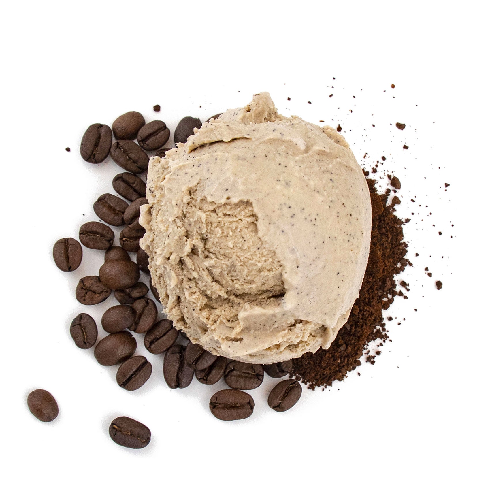 Coffee ice cream with coffee beans and grounds on a white background