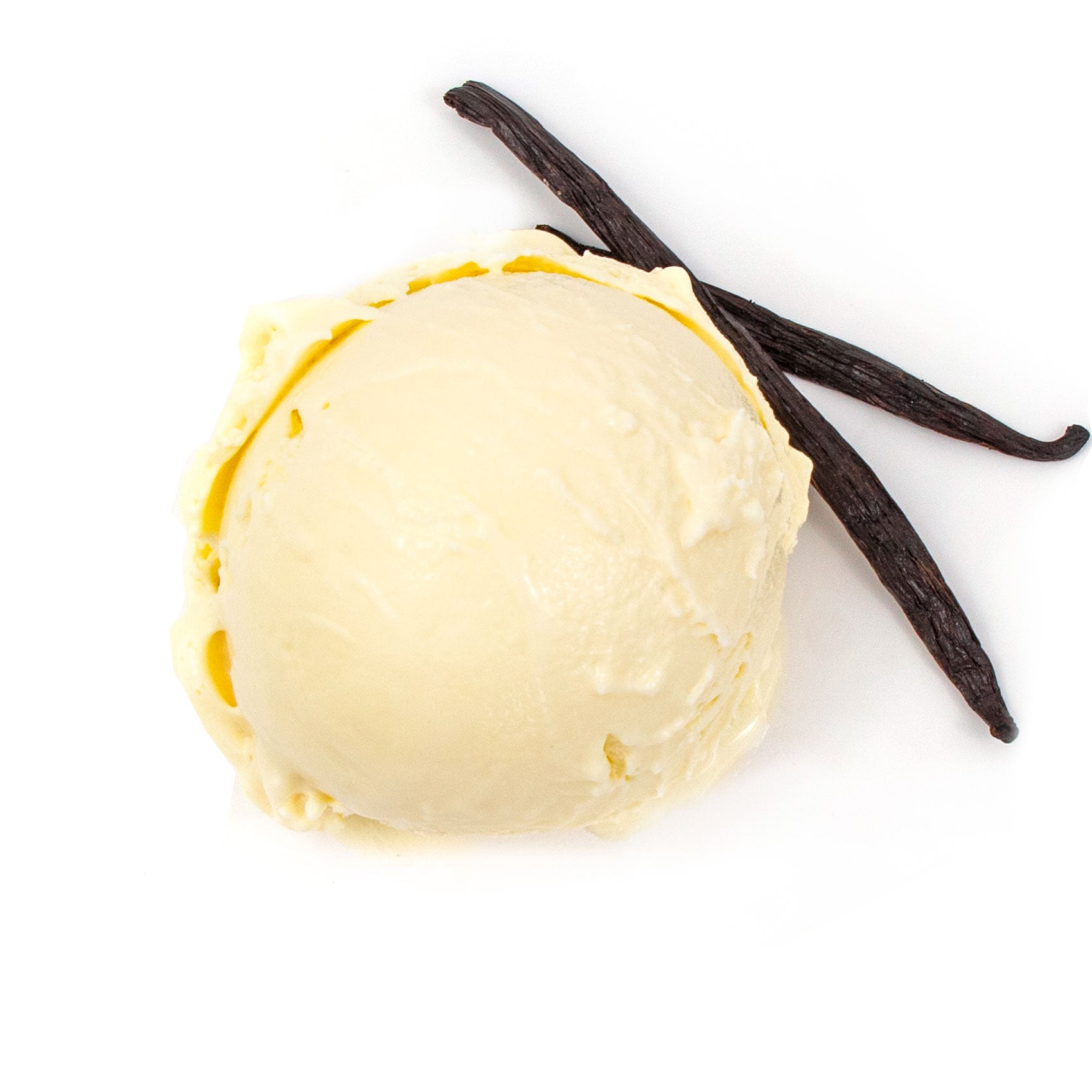 Vanilla ice cream scoop with two vanilla beans on a white background