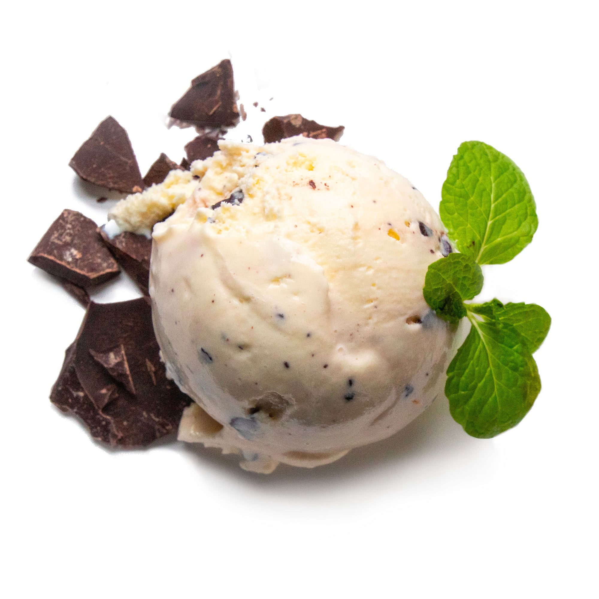 Ice cream scoop with chocolate pieces and a mint leaf on a white background