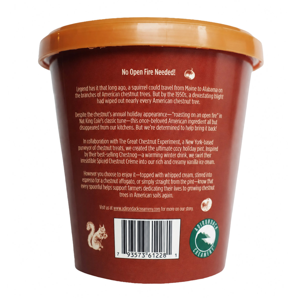 Back view of a brown plastic cup of Nut King Creamery Chestnut Flavored Ice Cream with a brown lid, featuring product text, a barcode, and a green 'Farm to Family' seal on a white background.