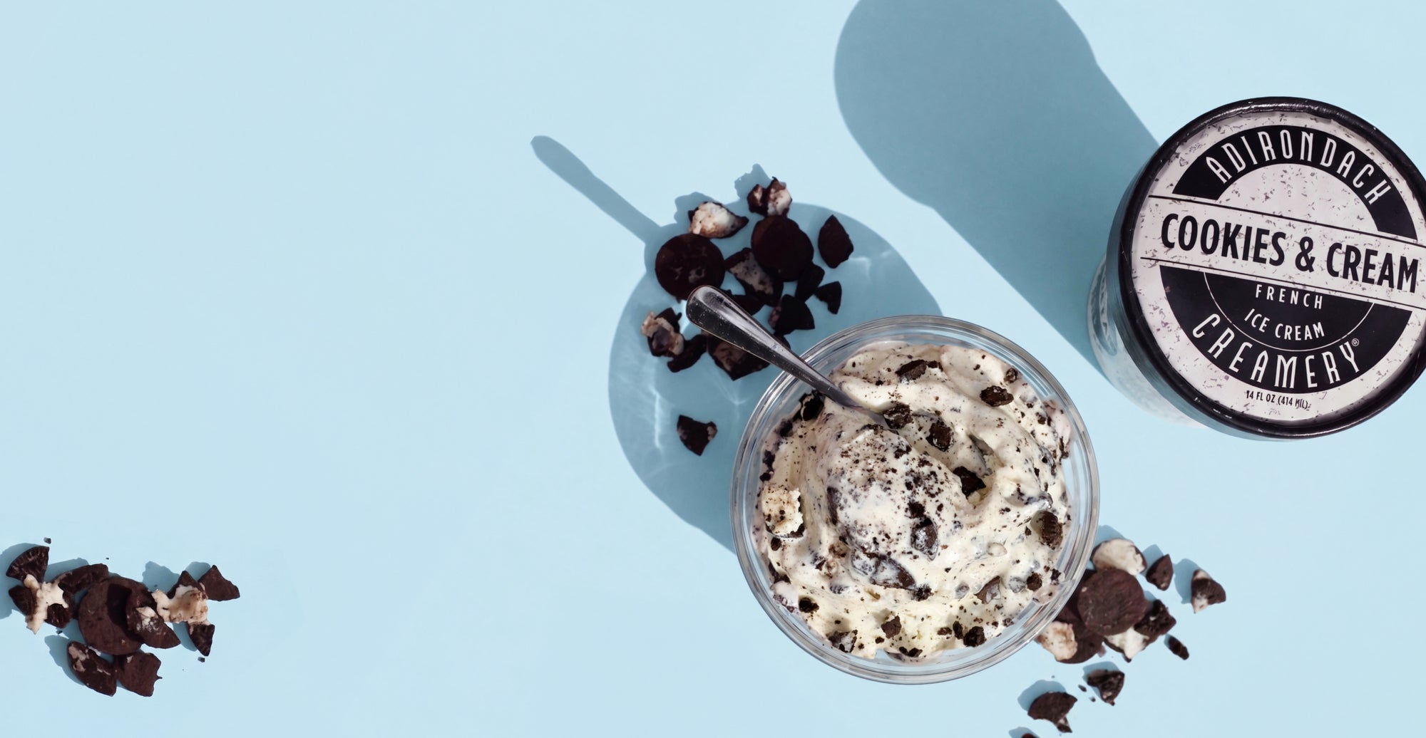Cookies and cream ice cream on blue background