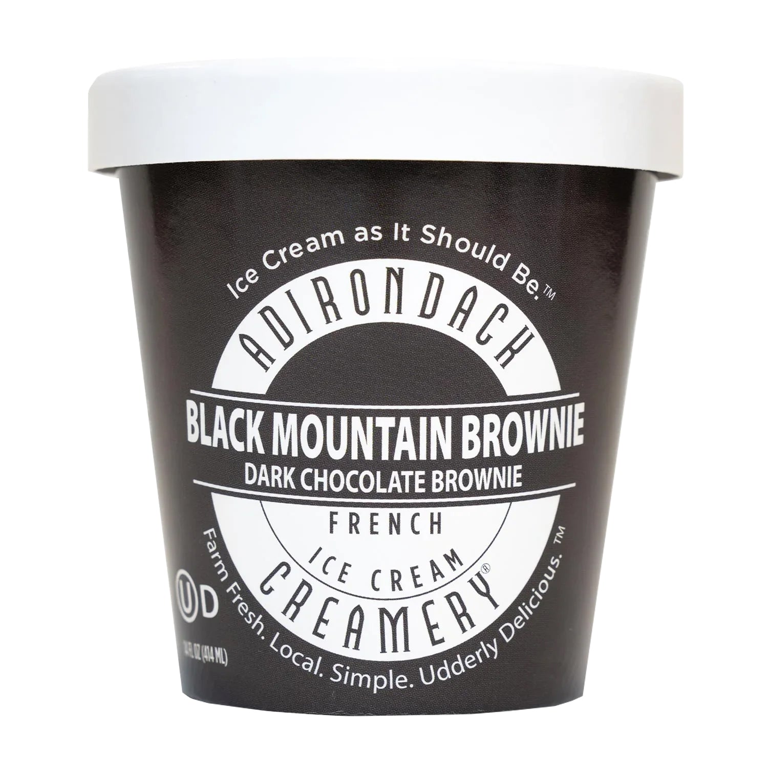 Black container of Adirondack Black Mountain Brownie ice cream with white text on a white background